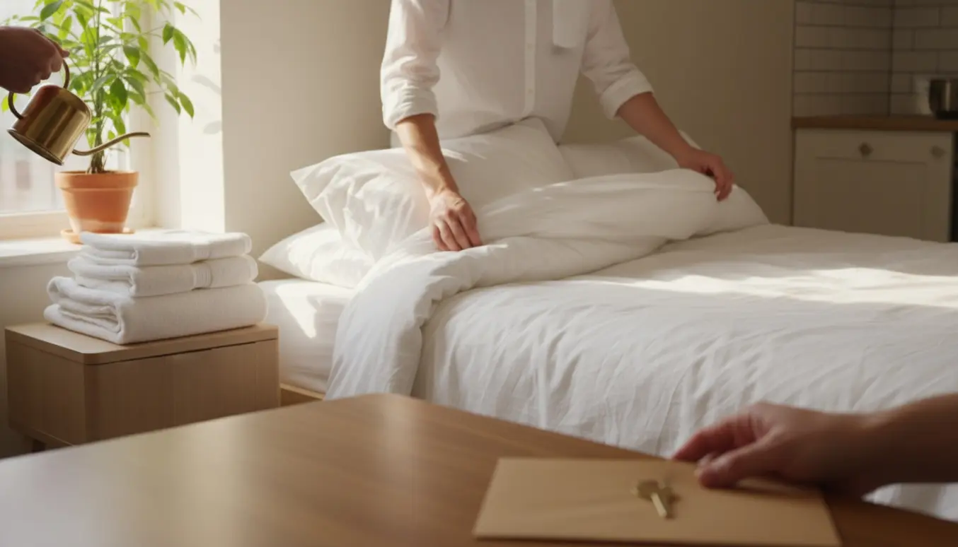 Hænder rede seng med friskt sengetøj, foldede håndklæder, vandkande ved vinduet og nøgler klar til aflevering.