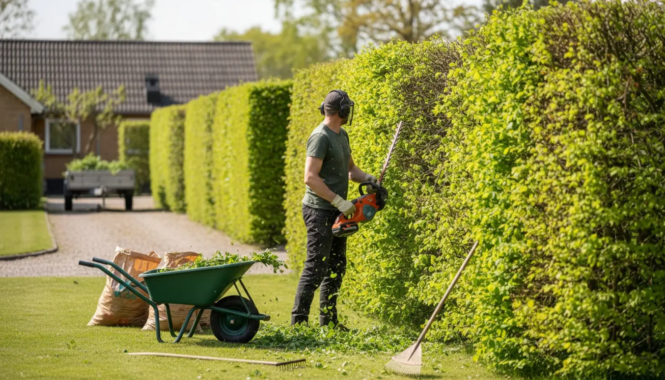 En arbejder klipper en cirka 2 meter høj bøgehæk i en dansk forstadshave med afklip samlet i en trillebør.