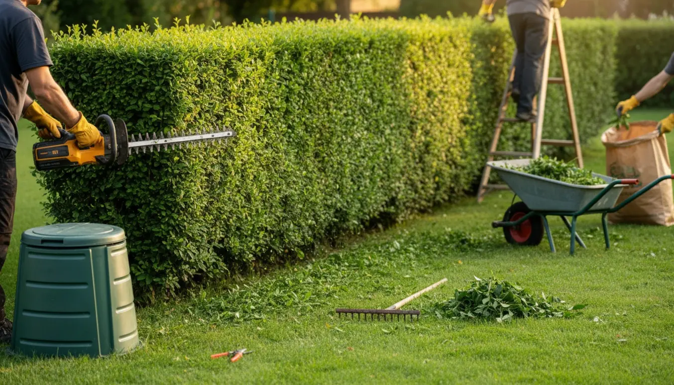Bagudvendt person klipper hæk i juli, mens afklip samles i trillebør og kompostpose.