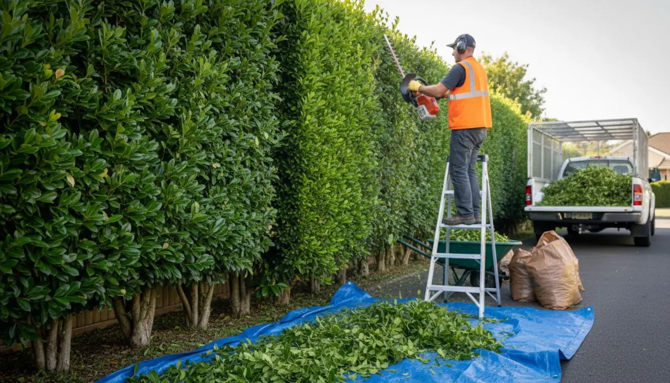 Lang, nypudset hæk omkring 2 meter høj med klippearbejde i gang og grønt affald samlet til bortkørsel.