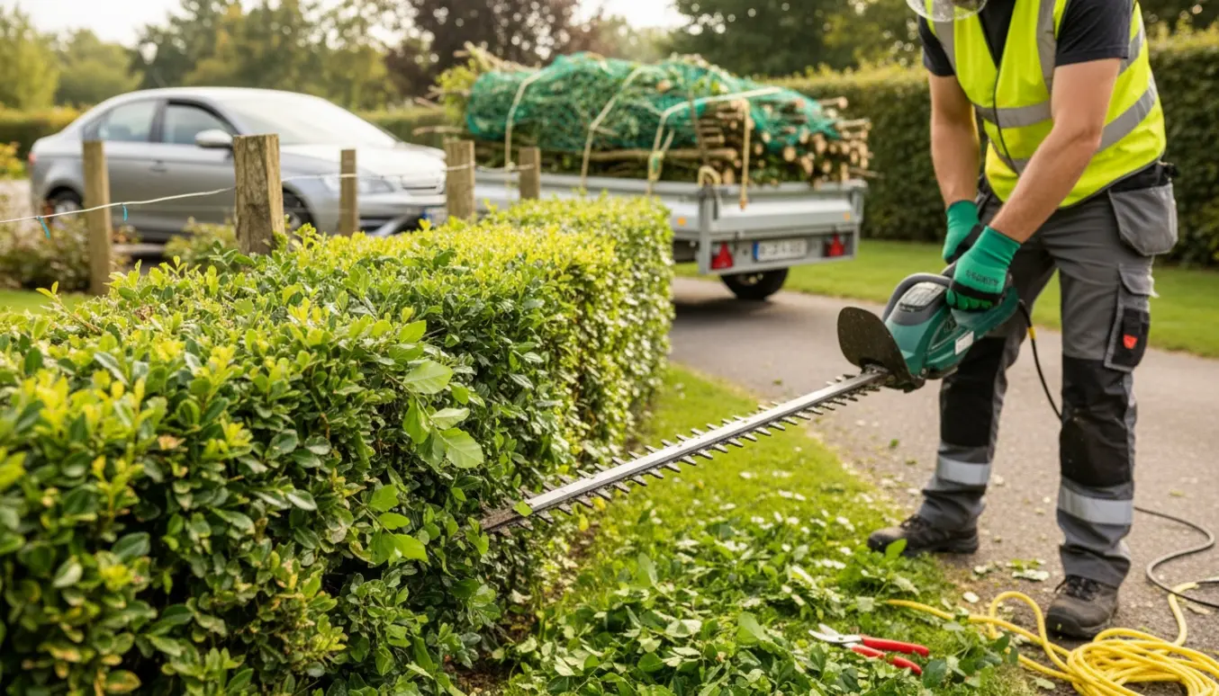 Nærbillede af hækkeklipning med hækkeklipper og en bil med anhænger fyldt med afklip.