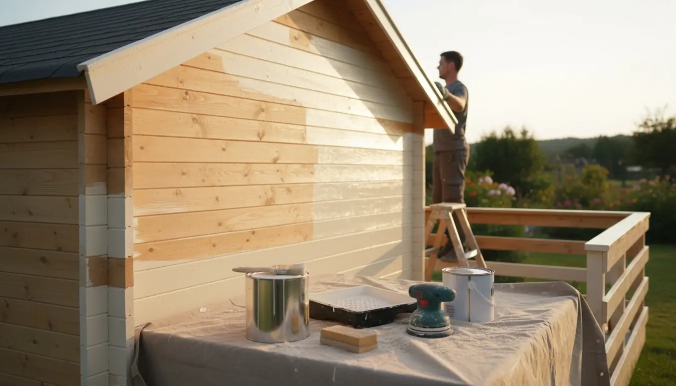 Solbelyst sydvendt trægavl på et sommerhus med slibeværktøj, malerbøtte og en person malende fra ryggen.