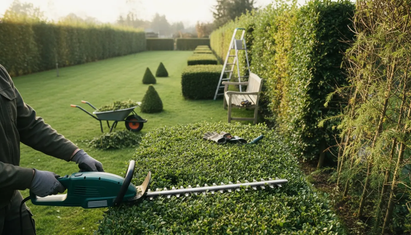 Professionel hækkeklipning af liguster- og lærkehække med hækkeklipper, stige og opsamlede afklip på græsset.