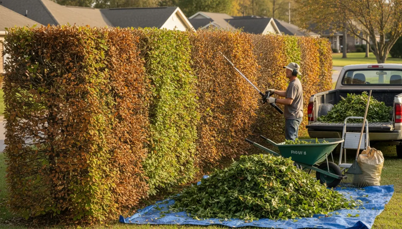 En person klipper en høj bøgehæk på én side og toppen, mens fraklip samles til bortkørsel.