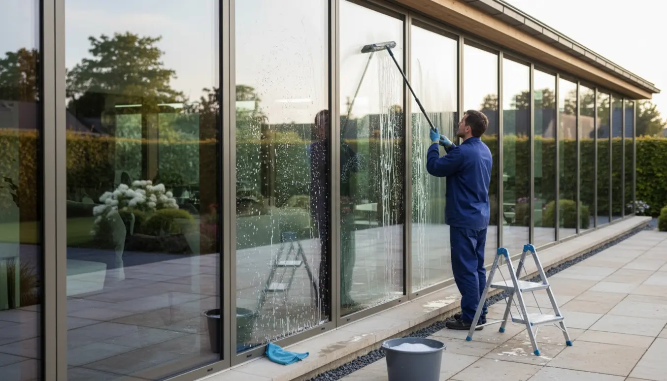 Udendørs vinduespudser rengør otte gulv-til-loft vinduer med skraber og spand, ansigtet ikke tydeligt.