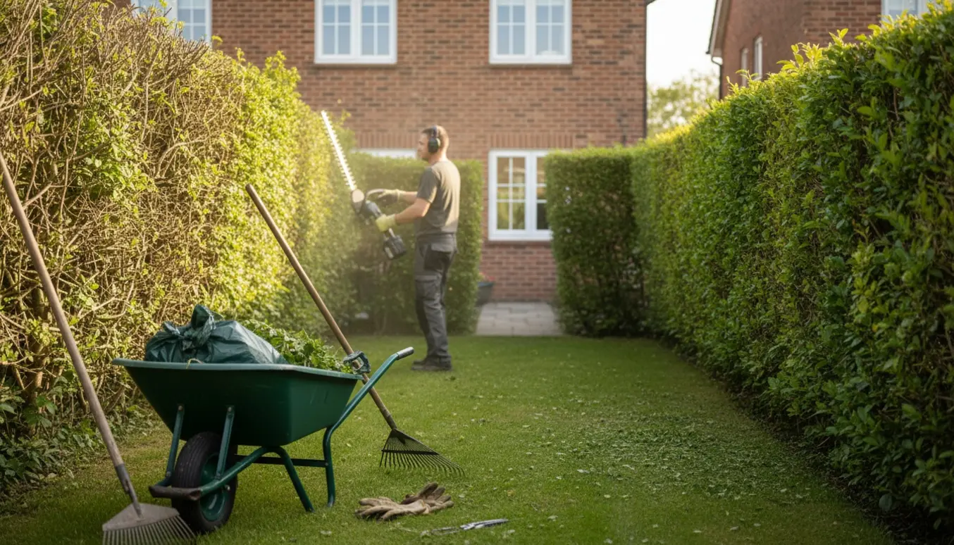 En person trimmer hække omkring et rækkehus med hækkeklipper, handsker og hækafklip synlige.