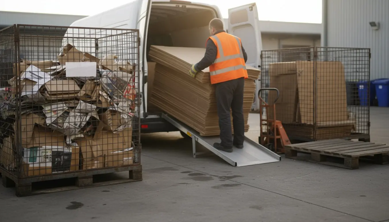 En arbejder læsser sammenfoldede papkasser fra trådbure ind i en varevogn på en lys gårdsplads.