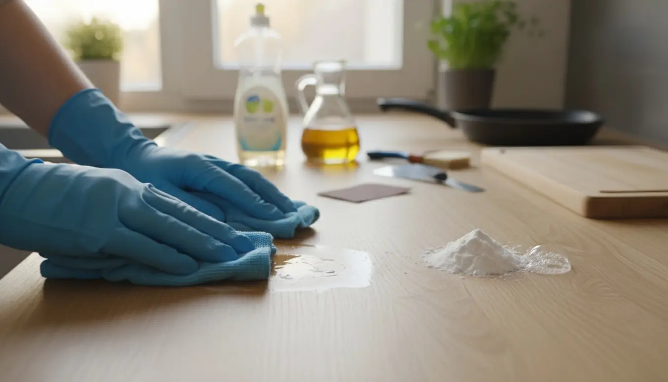 Nærbillede af hænder der renser oliepletter på en træbordplade med rengøringsmidler i et lyst køkken.