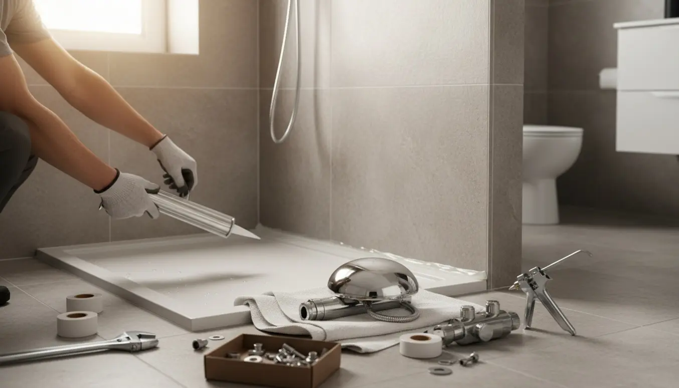 Hænder monterer et nyt krombrusersæt i et lyst flisebadeværelse.