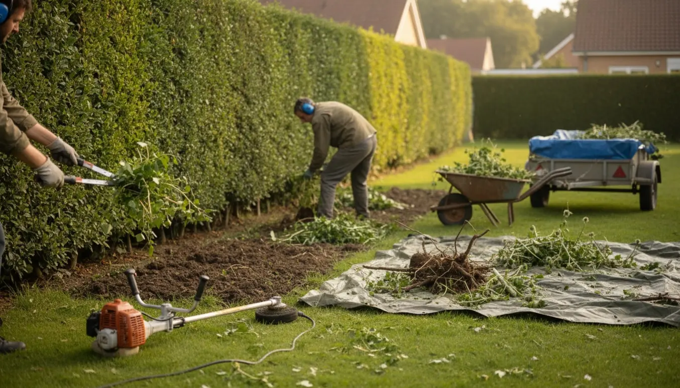 Tæt foto af hækklipning og oprydning af efeu og tidsler med buskrydder, trillebør og bunker af haveaffald.