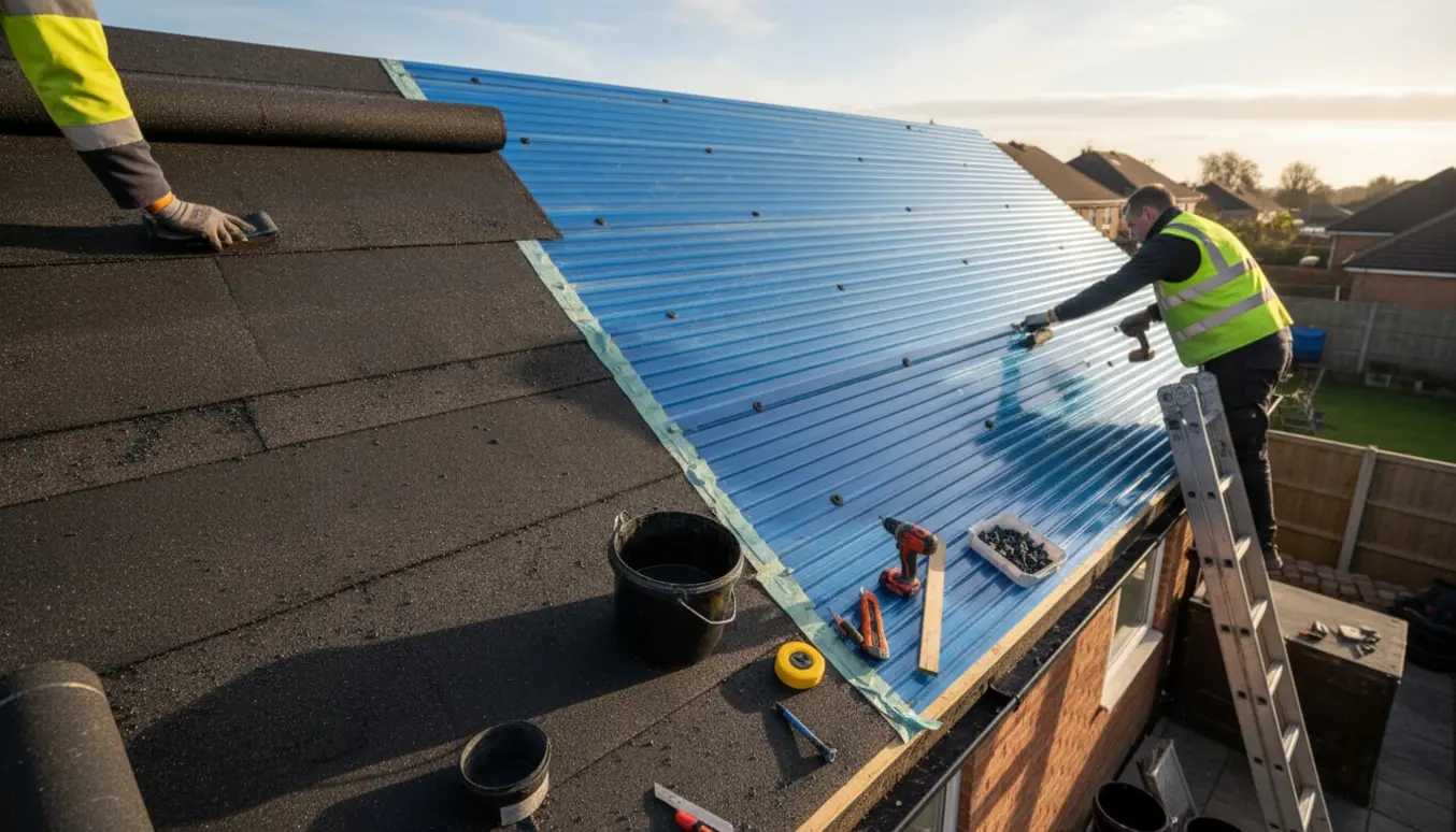 Hænder og værktøj lægger tagpap på den ene tagsektion, mens bølgeplast fastgøres på den anden.