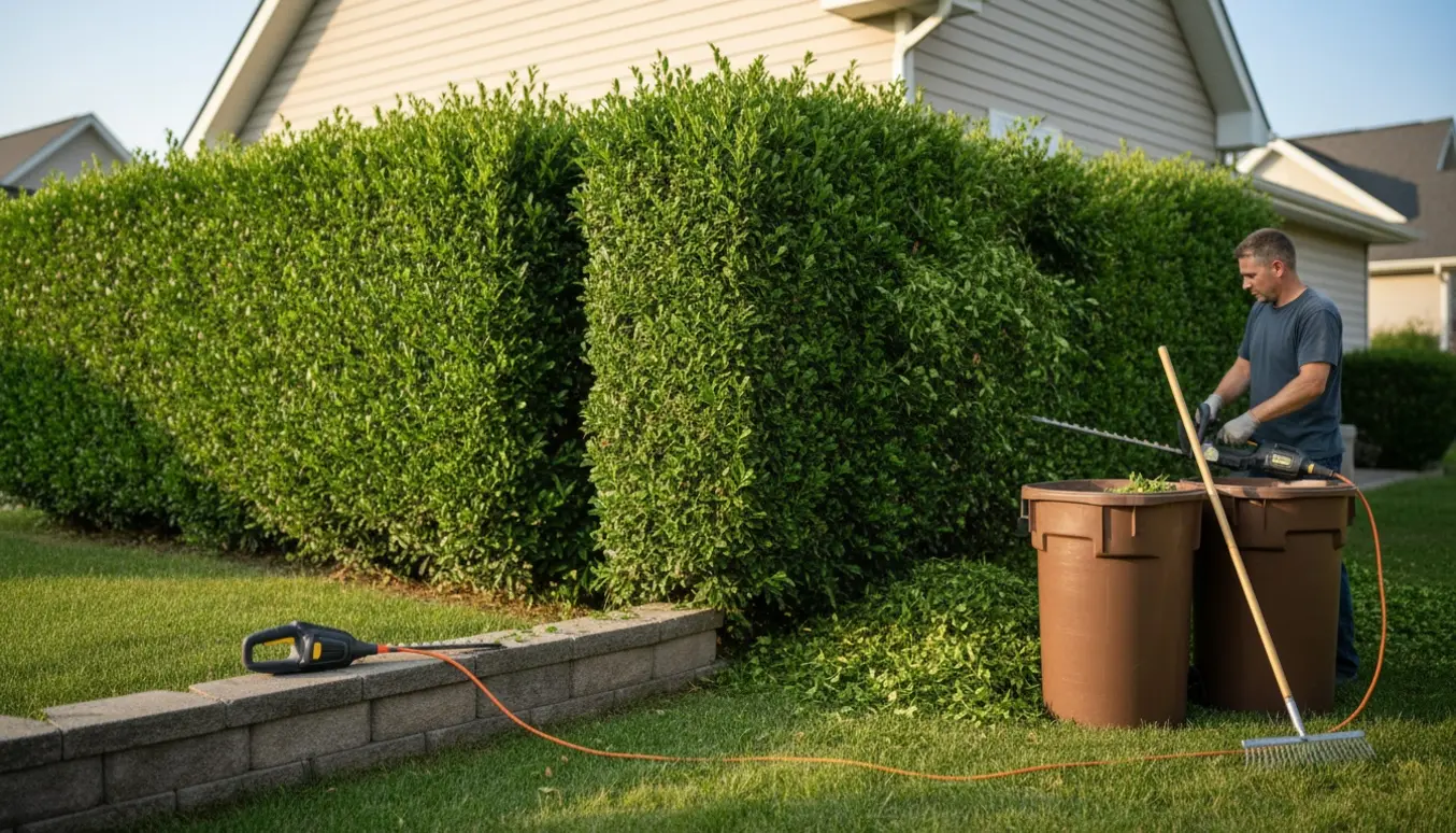 En parcelhushave hvor ligusterhæk trimmes, med afklip i haveaffaldsspande.