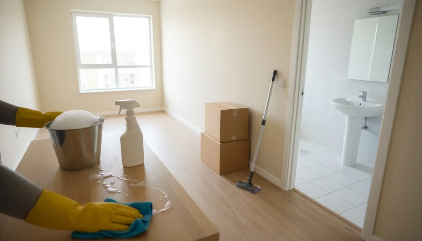 Soloplyst lille lejlighed efter fraflytningsrengøring med rengøringsudstyr og handsker, der tørrer en køkkenbordplade.