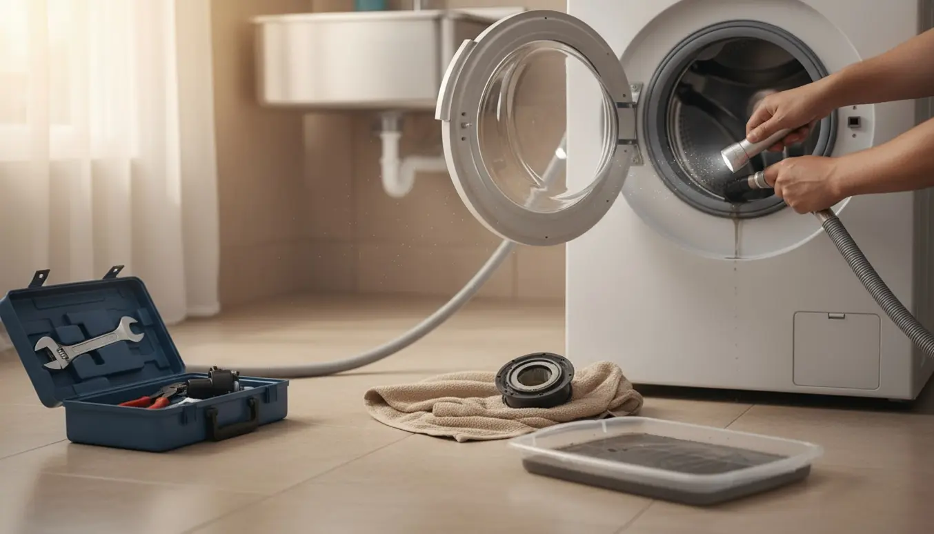 Hænder inspicerer en åben frontbetjent vaskemaskines pumpe og afløb med værktøj og afmonteret filter på et håndklæde.
