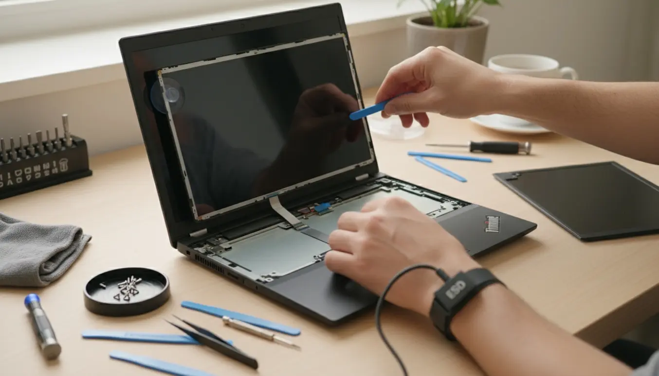 Hænder monterer en ny skærm på en 14-tommers sort bærbar computer på et ryddeligt arbejdsbord.
