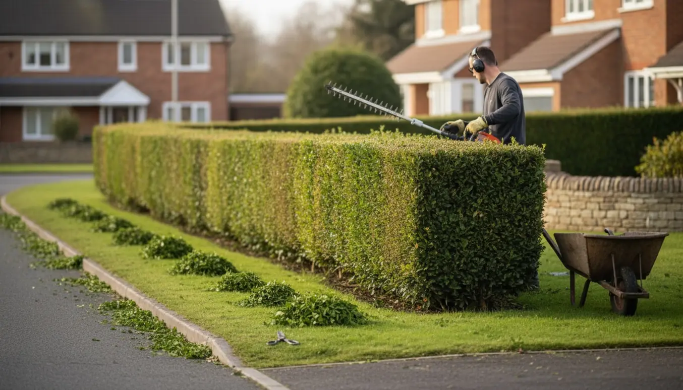Lang ligusterhæk på hjørnegrund bliver klippet udefra med en lang hækkeklipper, og friske afskårne kviste ligger langs fortovet.