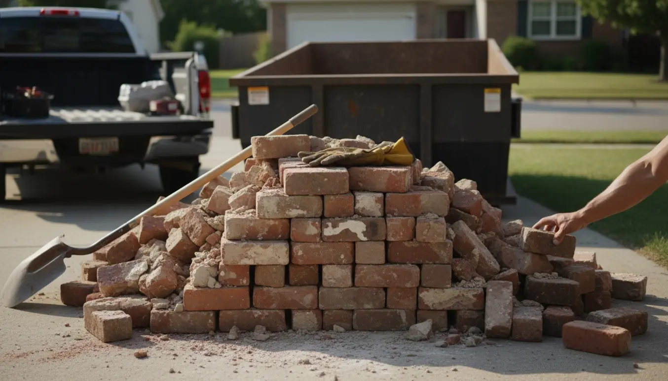 Bunke mursten og byggeaffald i indkørsel ved siden af en container og varevogn klar til afhentning.