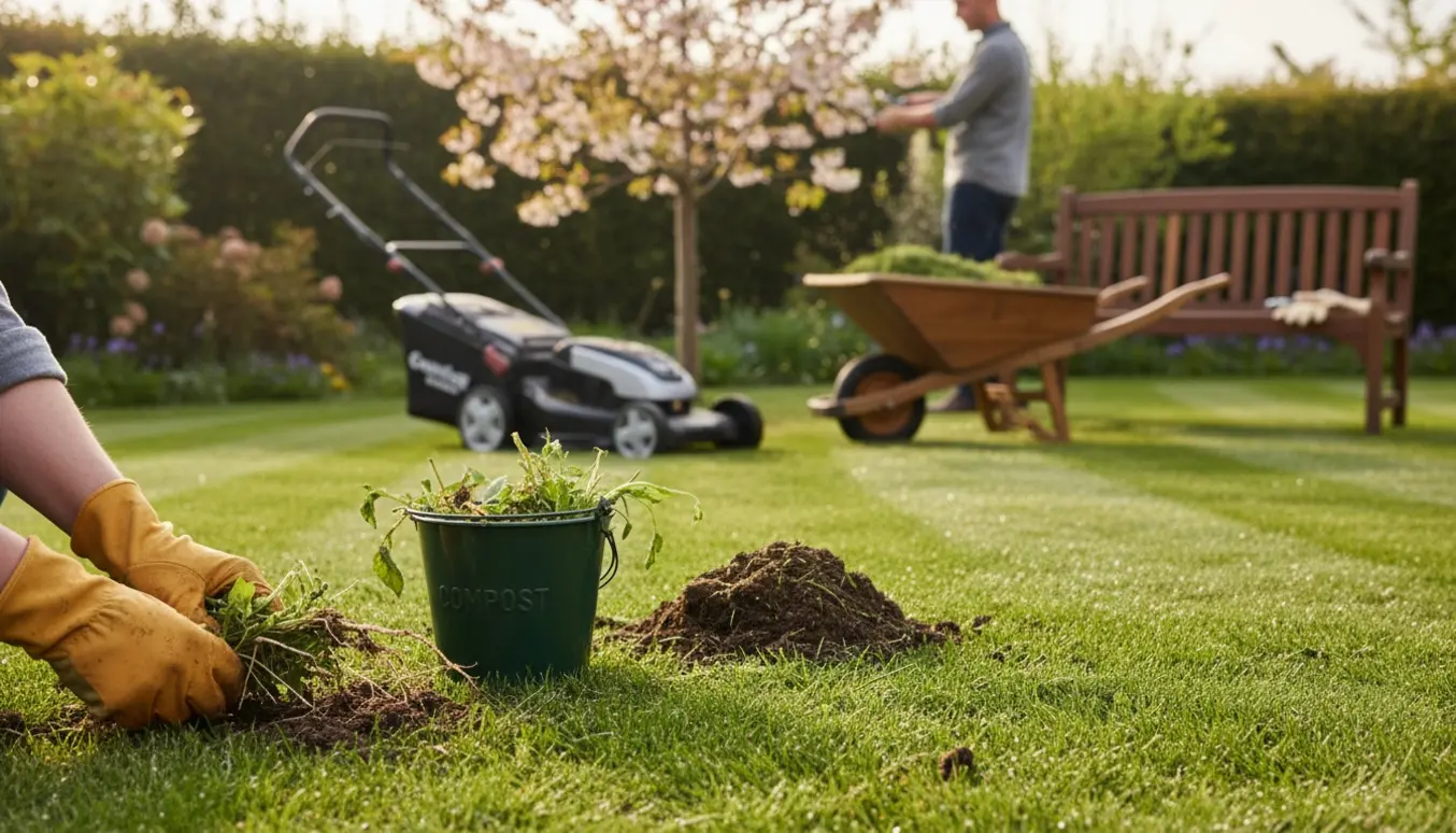 Handskerede hænder fjerner ukrudt foran nyslået græs og nybeskårne buske i en solrig have.