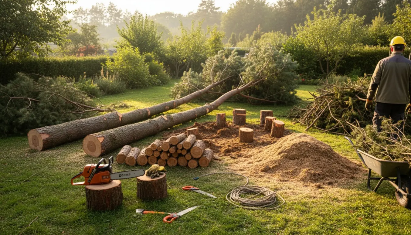 Fældede fyrretræer skåret til pejsebrænde med stabler, grene, rodstump og savværktøj i en solrig have.