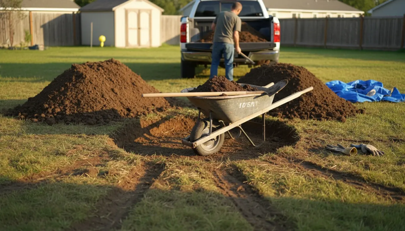 To store jord ved en udgravning til trampolin med trillebør, skovl og varevogn i en villahave.