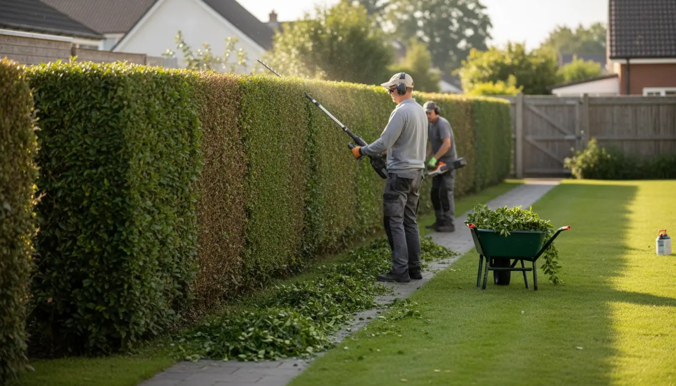 Nyklippet legusterhæk langs en havegang med en person set bagfra og friske hækafklip i en trillebør.