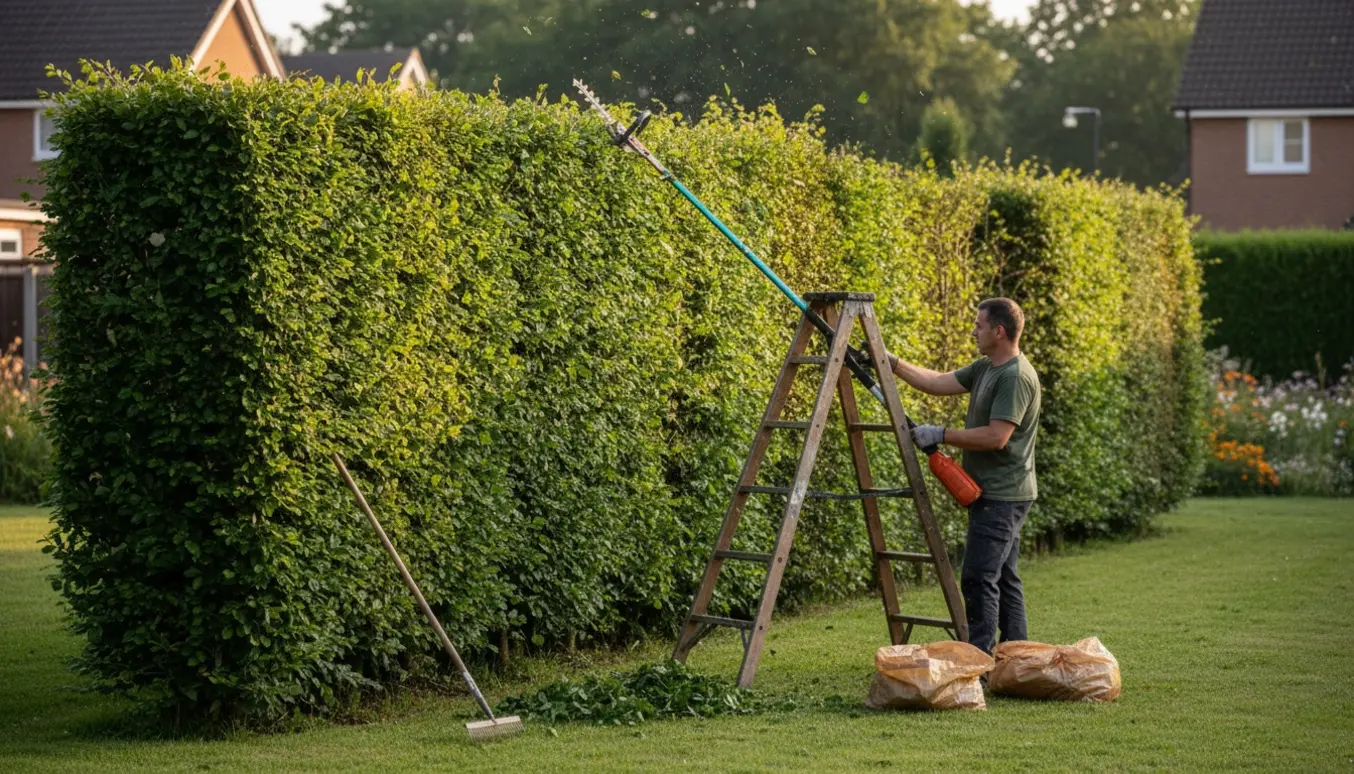 Langhækkeklipper trimmer toppen af en 3,5 m høj bøgehæk med stige og opsamlede blade klar til bortkørsel.