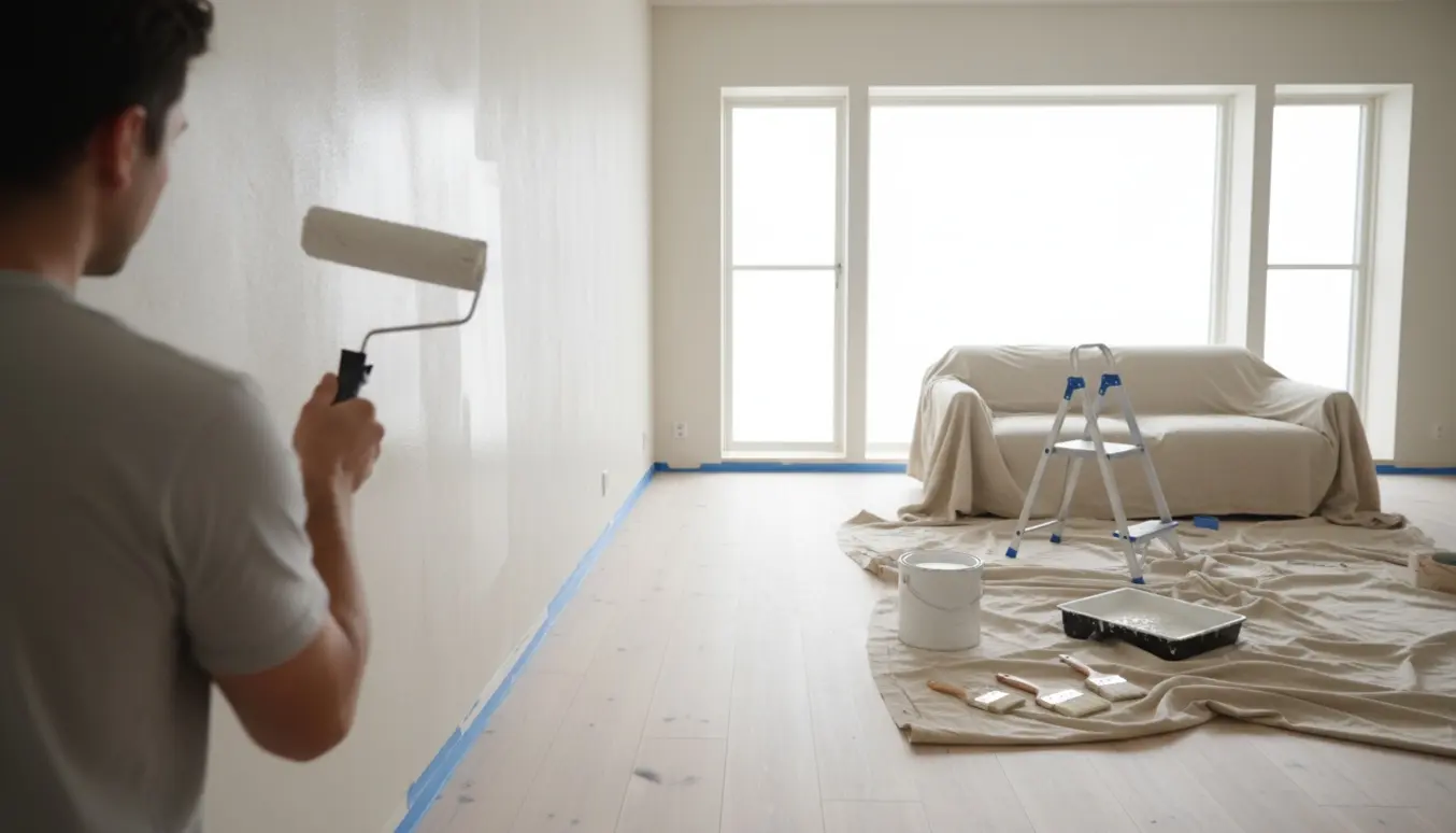 En maler på stige påfører et vådt andet lag maling på en lys, rummelig stue med beskyttelsesdug på gulvet.