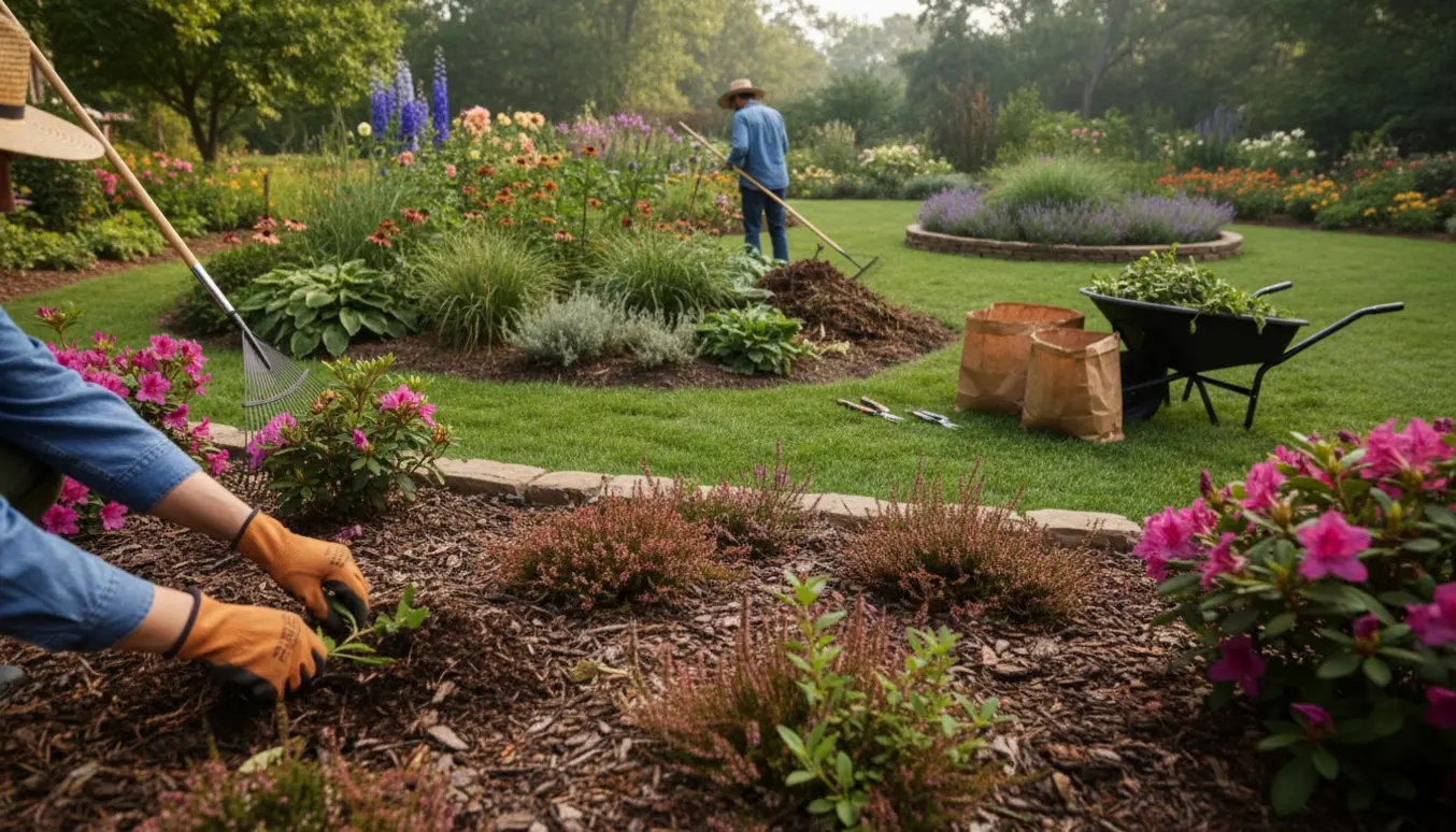 Hænder fjerner ukrudt i tre bede i for- og baghaven med rive, skovl og sække til haveaffald.