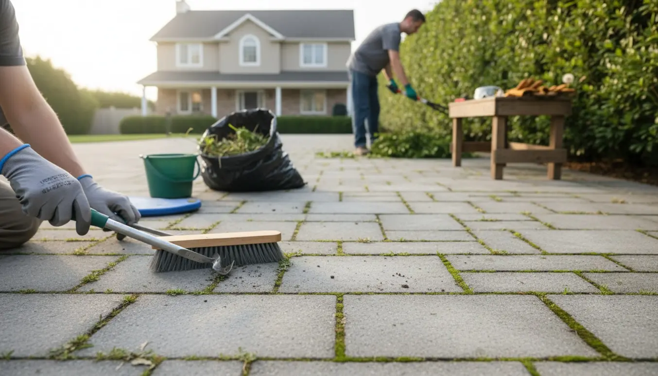 Nærbillede af hænder, der fjerner ukrudt mellem fliser og trimmer en hæk foran et hus.