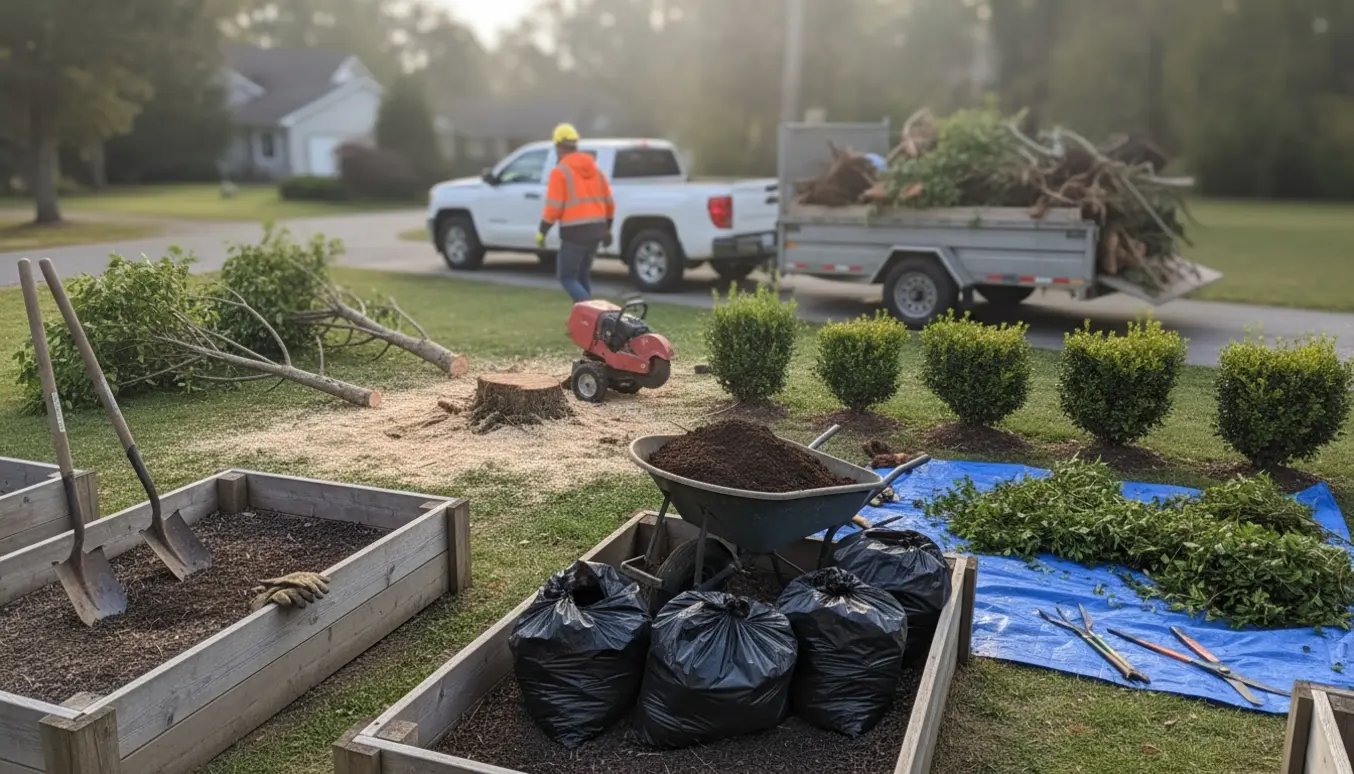 Haveoprydning med to fældede træer, tømt højbed, delvist fjernet hæk og trailer fyldt med haveaffald.