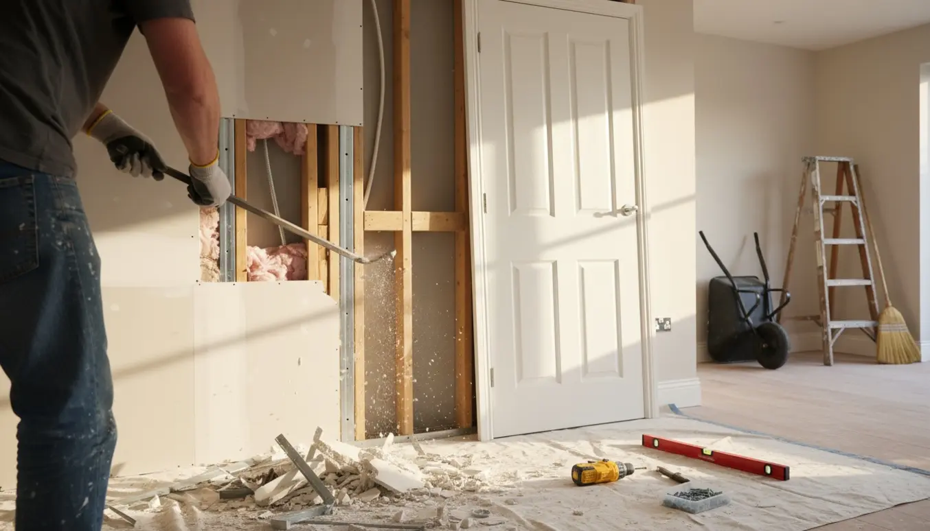 Delvist nedrevet væg i hjemmet med håndværker set bagfra og en dør klar til genopsætning.