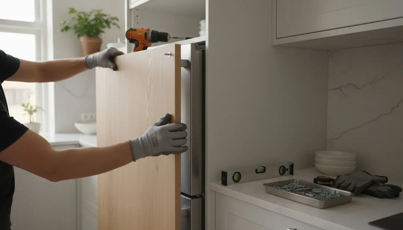 Hænder monterer en køleskabsfront i et lyst, moderne køkken.