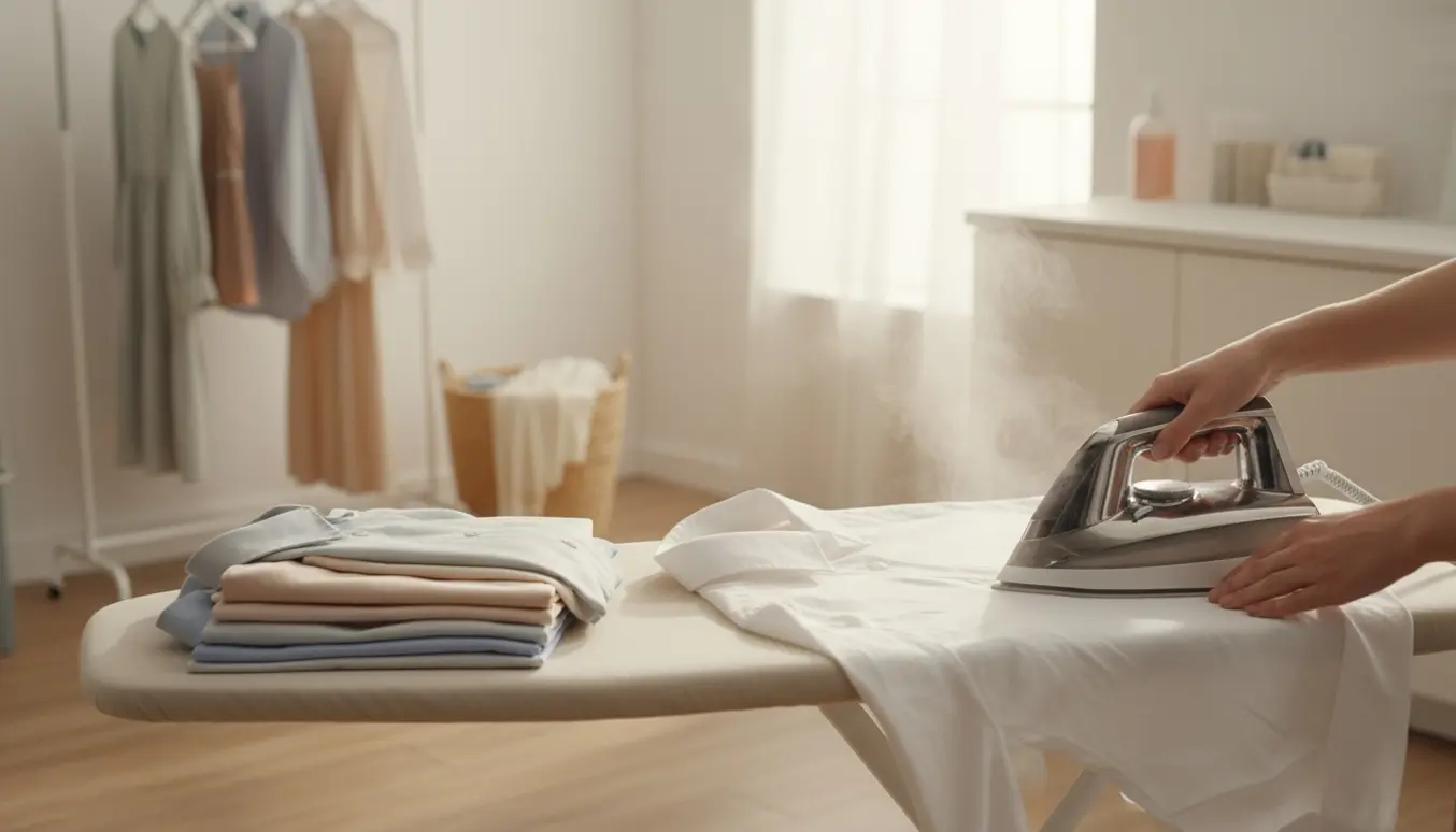 Dampstrygejern på et strygebræt med skjorter, kjoler og pænt foldet tøj i et lyst vaskerum.