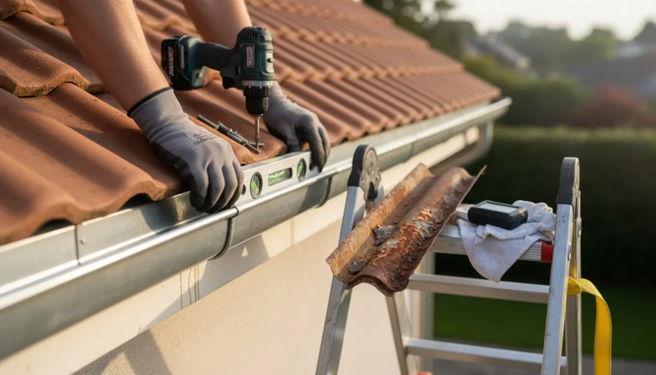 Nærbillede af udskiftning af rusten tagrende med nye aluminiumssektioner og vaterpas ved tagkanten.