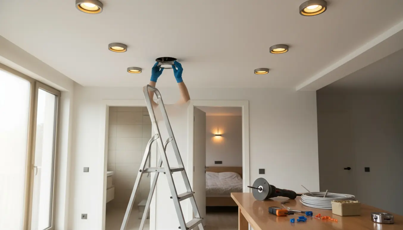 Hænder monterer indbyggede spots i loftet i en moderne bolig med værktøj og døre til badeværelse og soveværelse i baggrunden.