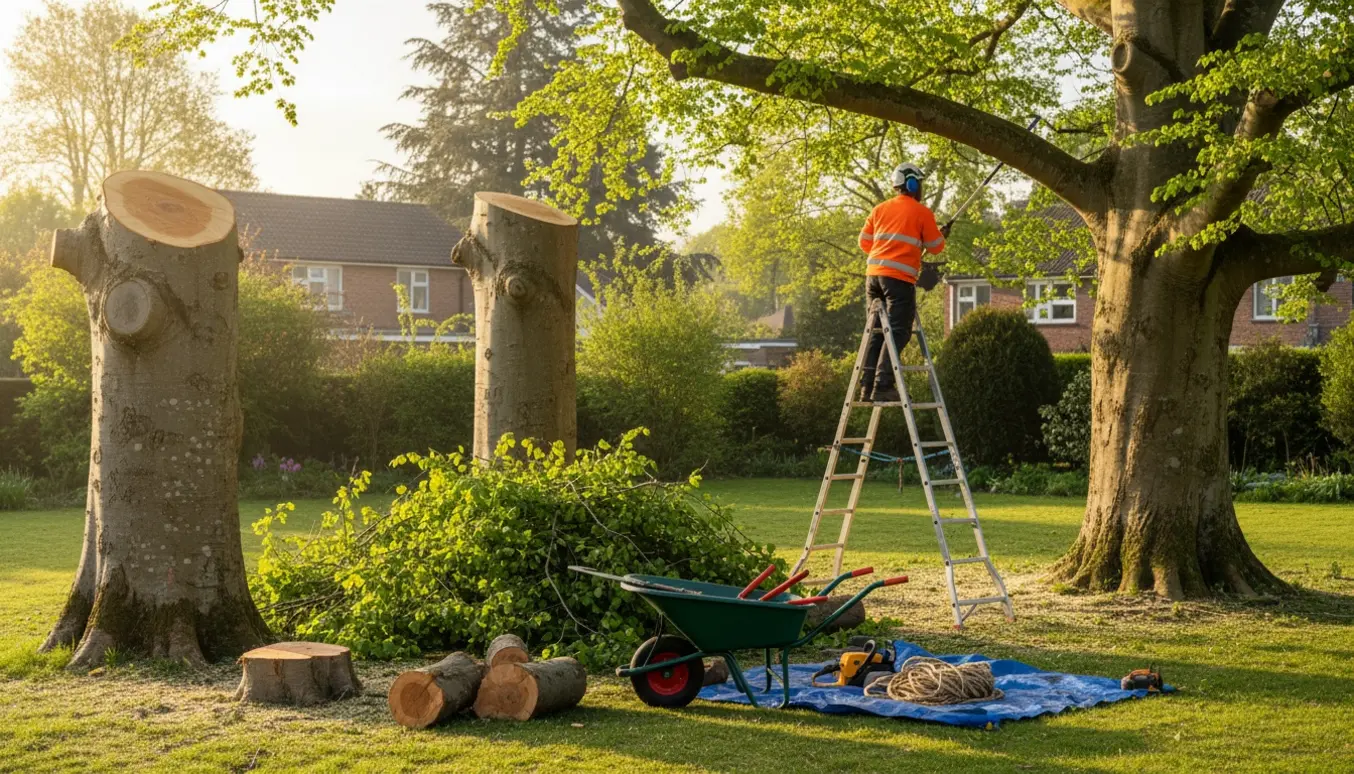 Tre bøgetræer i en have, hvor en arborist topper træerne til cirka 3 meter med afklippede grene og stakke af træstammer.