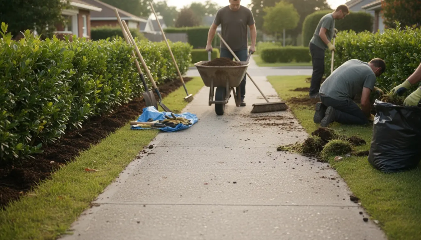 Havearbejdere fejer fortovet, fjerner græs og flytter jord ved en hæk med rive, skovl og trillebør.