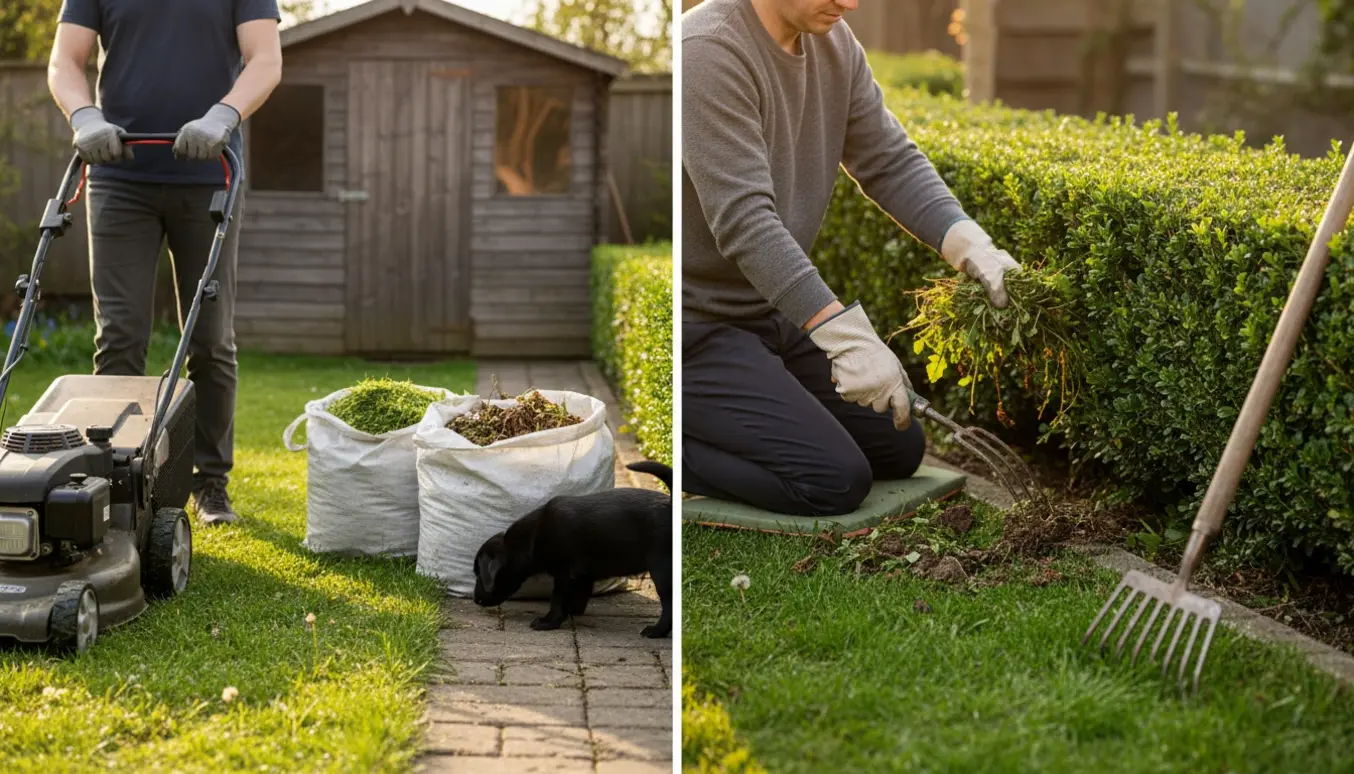 Person slår græs og luer hæk i en lille kolonihave med haveredskaber og en sort hvalp i nærheden.