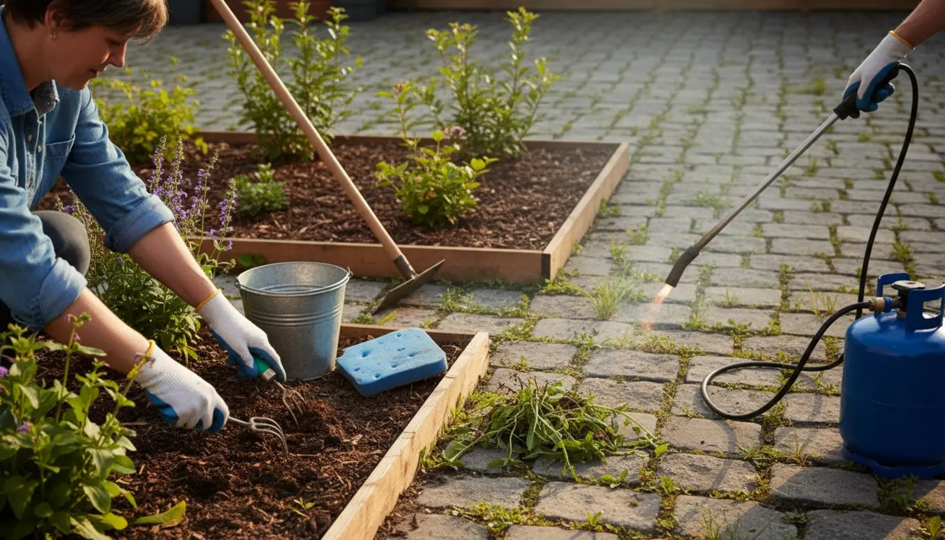 Handskerede hænder luger i to blomsterbede, mens ukrudt brændes væk på en stor gårdsplads.