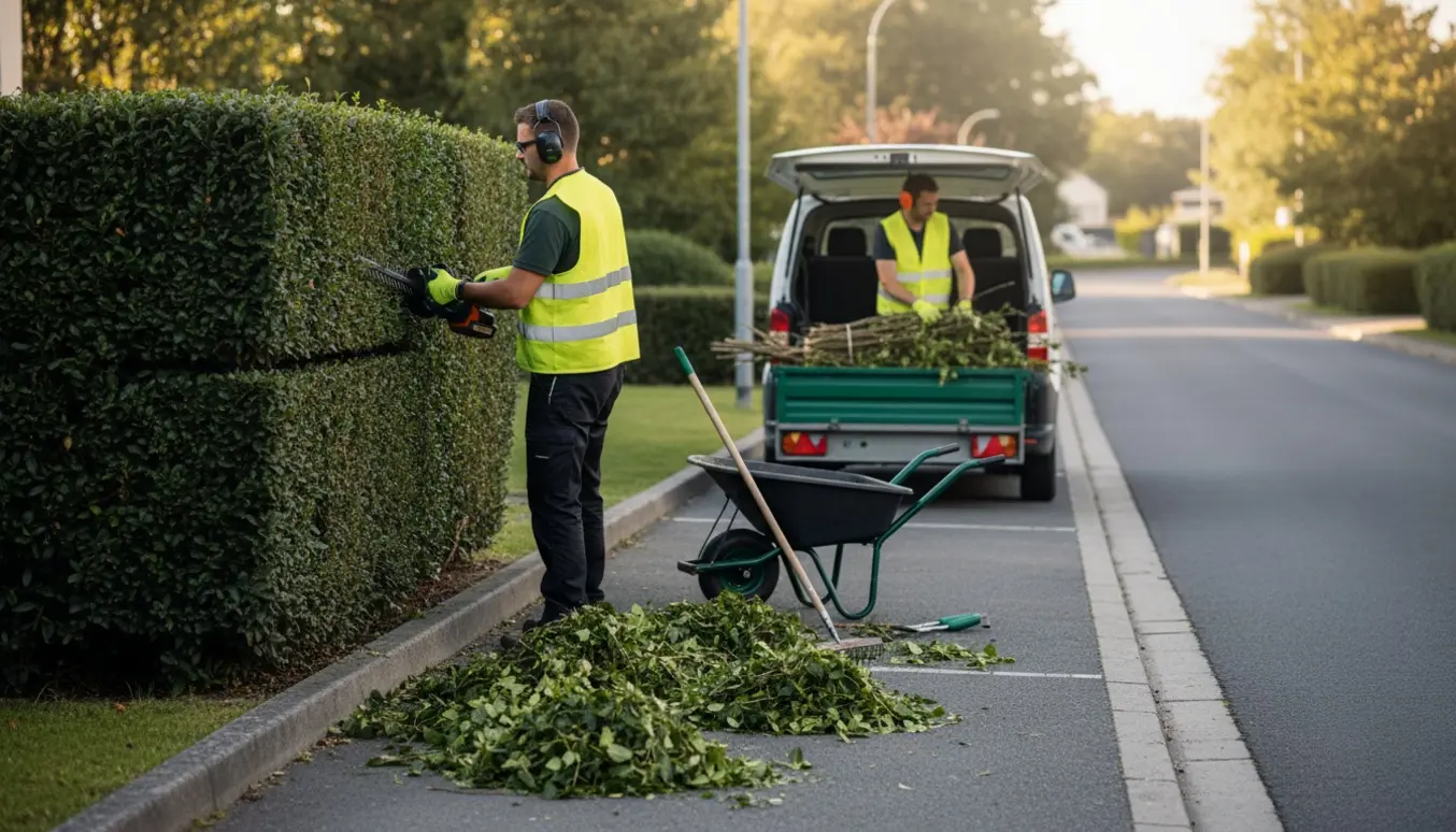 Hækkeklipning ved en parkeringsplads med hækaffald samlet og læsset i en varevogn.