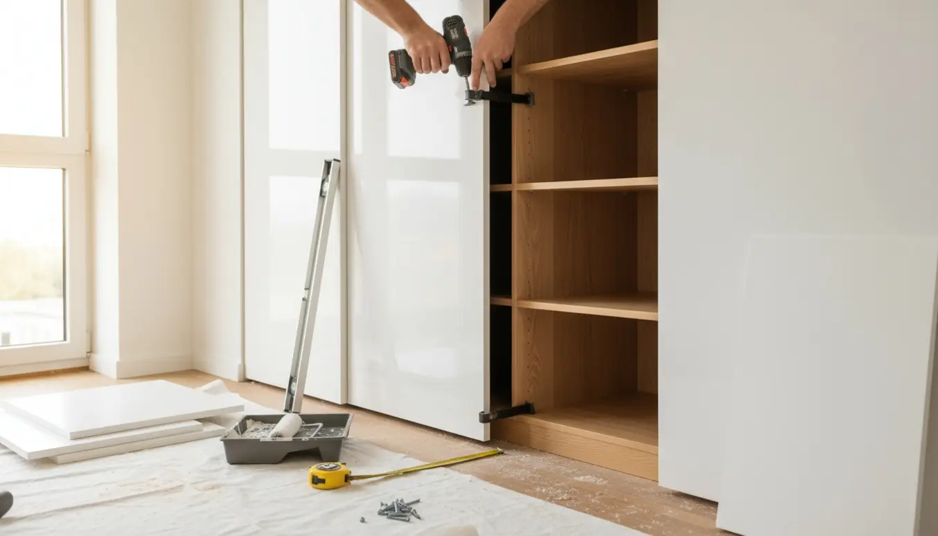 Indbygget skab med hylder og hvidlakeret låge under montering i et lyst rum.