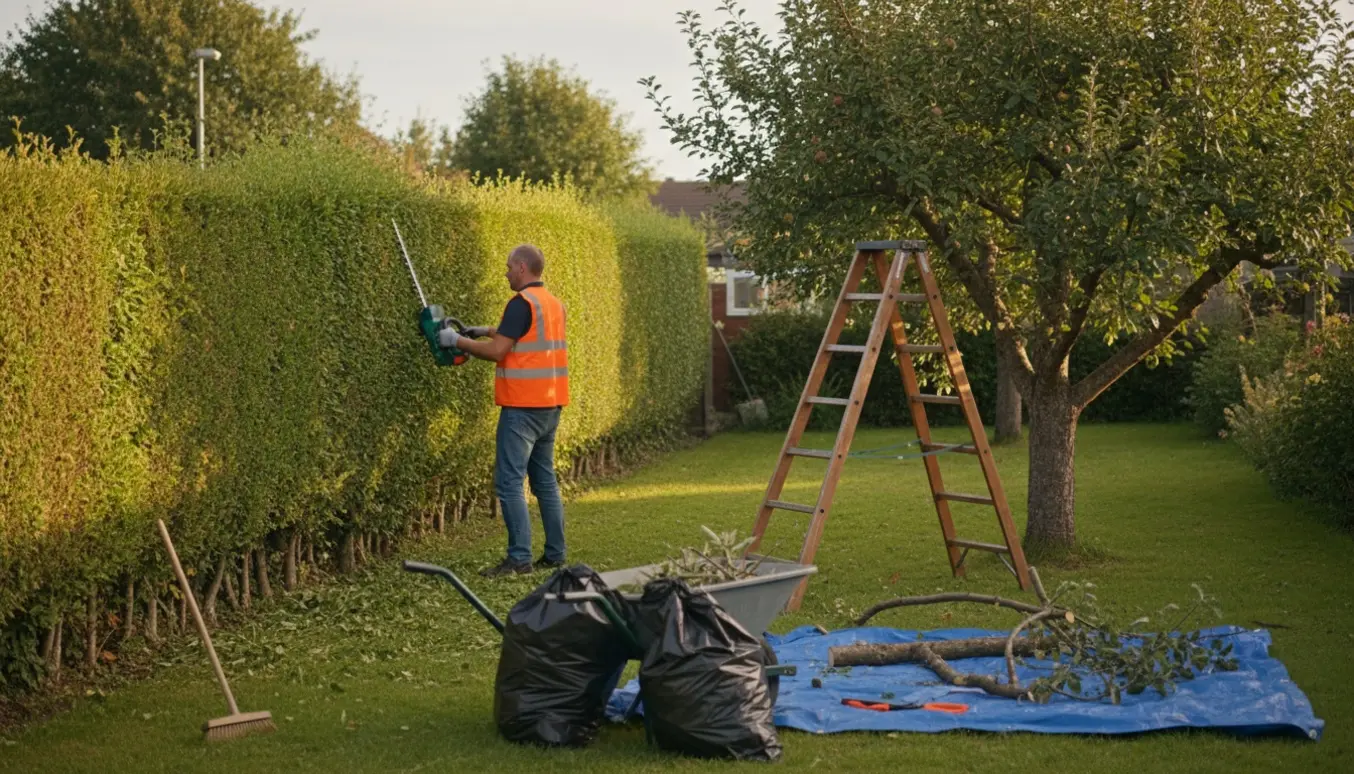 Have med en 2,5 m hæk i færd med at blive klippet og et stort æbletræ med beskårne grene samlet til afhentning.