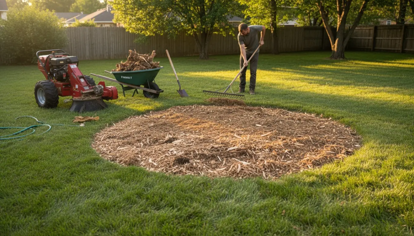 Haveområde med fræste trærodstumper og en rive, der planerer jorden efter fræsning.