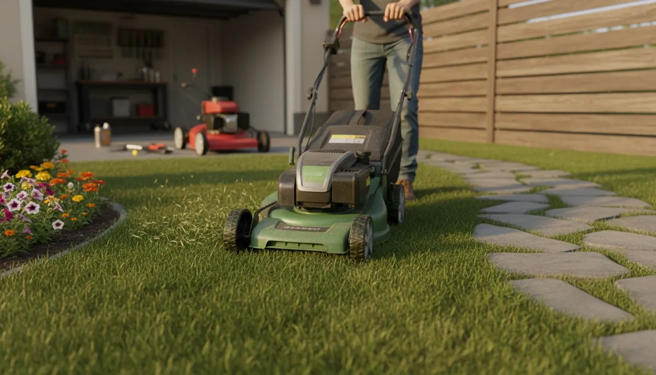 Plæneklipper i brug på en lille parcelhushave i gylden eftermiddagssol.