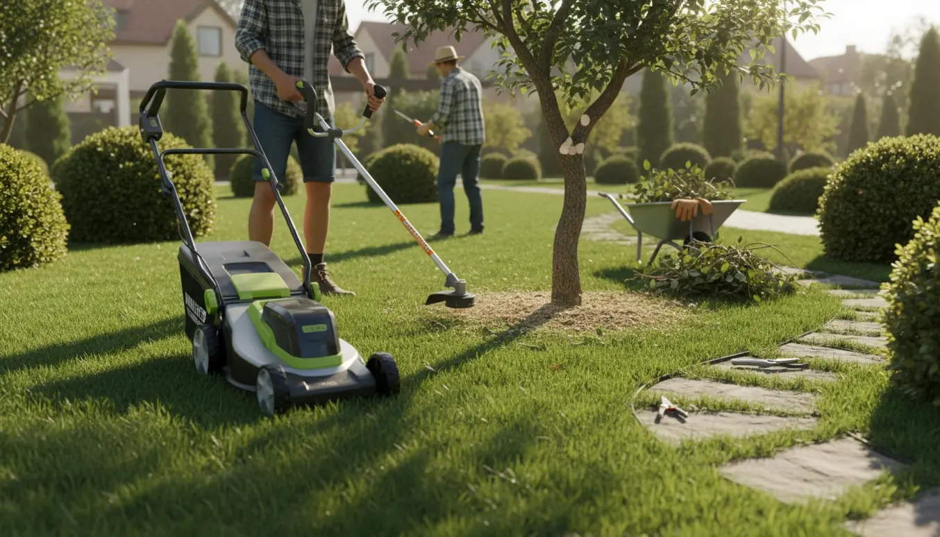 Havearbejde i sollys med plæneklipper, trimmer og beskæring af træ, uden tydelige ansigter.