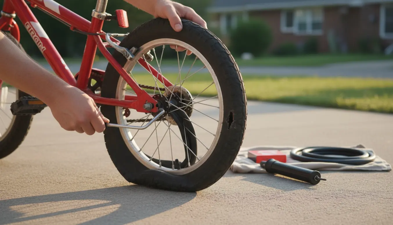 Flad børnecykel med punkteret dæk og værktøj klar til reparation.