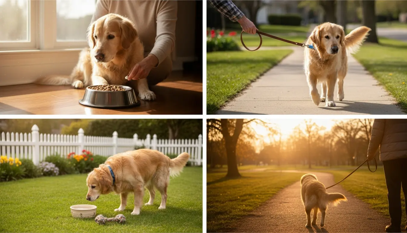 Senior golden retriever får mad, medicin, haveudluftning og gåture i løbet af dagen.