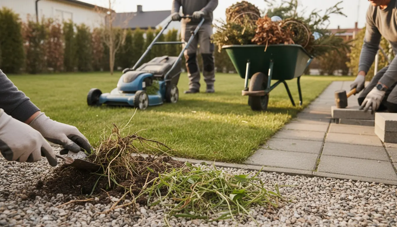 Unge par ordner en lille have med græsslåning, fjernelse af haveaffald og rensning af stengrus.