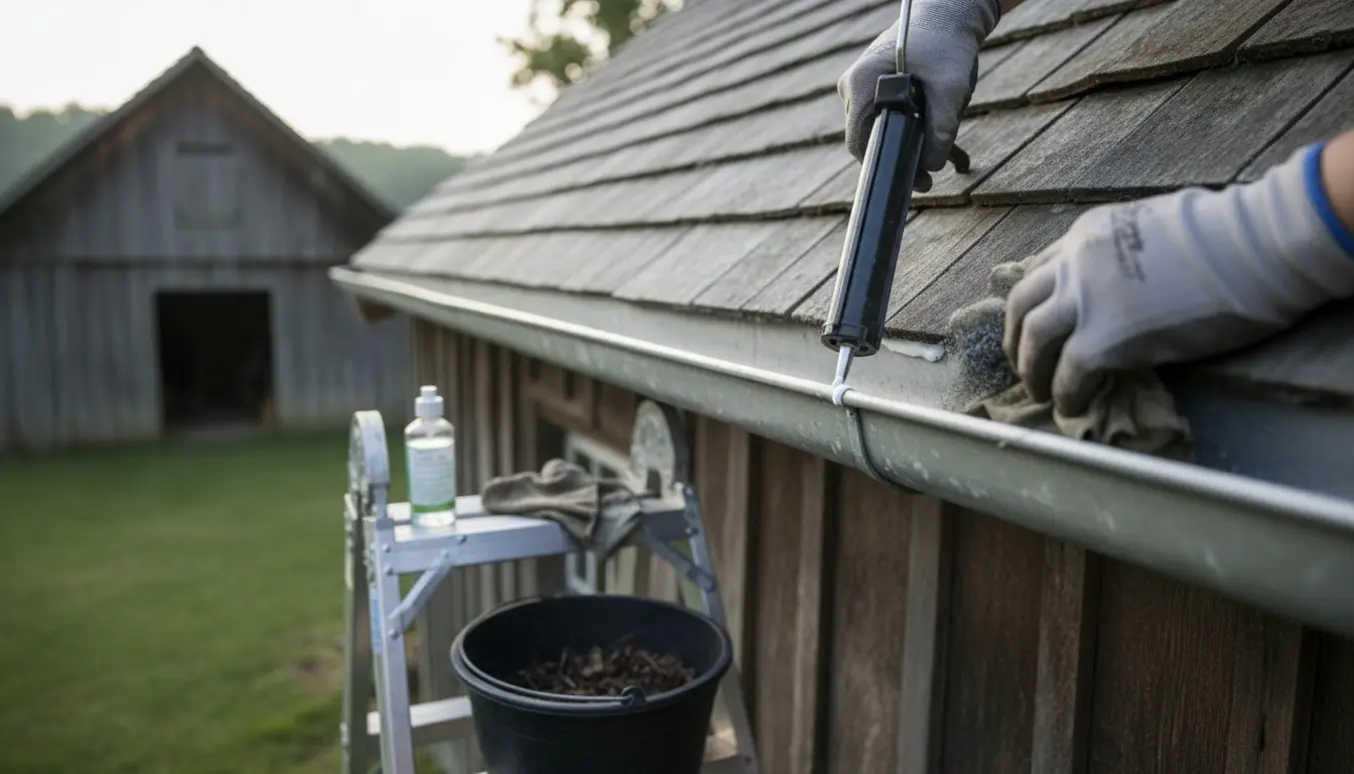 Nærbillede af zinktagrende på hus og stald, hvor en handskeholder på stige renser og tætnes med silikone.