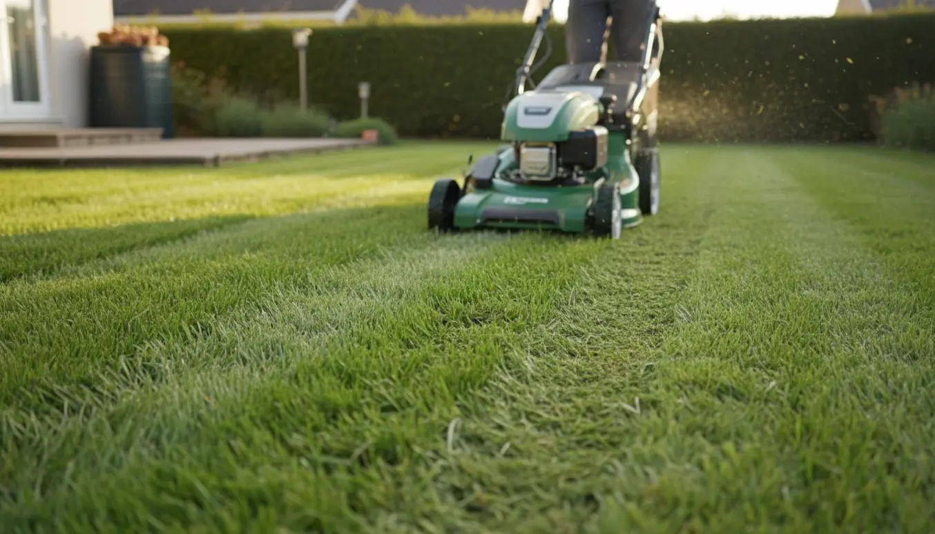 Plæneklipper skærer en mellemstor have med tydelige nyslåede striber og uafklippet græs bagved.